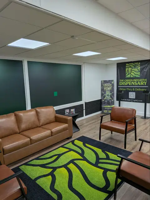 Leather couches and chairs on a green patterned rug in the TGI lounge